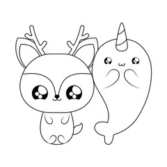cute narwhal with reindeer baby animals kawaii style