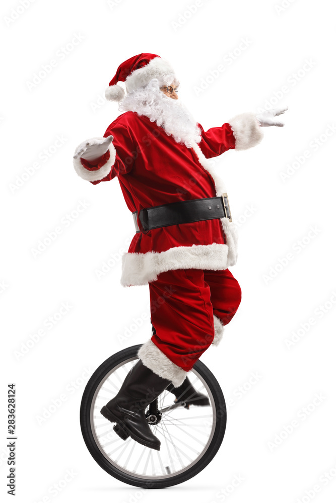 Poster Santa claus riding a unicycle and balancing with hands