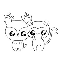 cute reindeer with monkey baby animals kawaii style