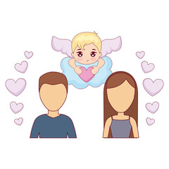 young couple lovers with cupid and hearts