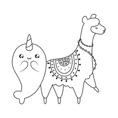 cute narwhal with alpaca baby animals kawaii style