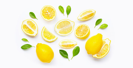 Fresh lemon and  slices with leaves isolated on white