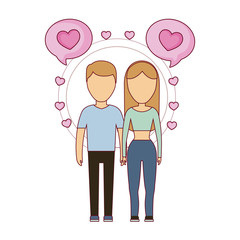 young couple lovers with speech bubbles and hearts