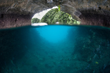 Soft coral arch is a popular snorkeling site found amid the Rock Islands in Palau's calm lagoon. This Micronesian island group is known for its marine biodiversity.