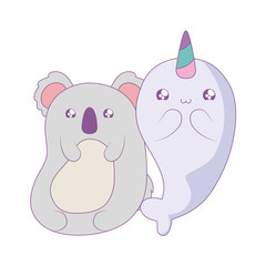 cute narwhal with koala baby animals kawaii style