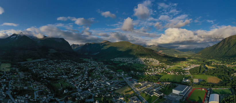 Orsta Norway cityscape. Panoramic aerial view from drone at sunset in july 2019