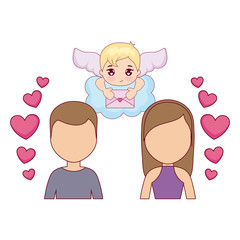 young couple lovers with cupid and hearts