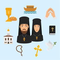 Orthodox Christianity religion symbols vector illustration. Isolated religious icon, church and Jesus Christ bread and wine, holy bible, Christian dove and priest with nun, hands in prayer.