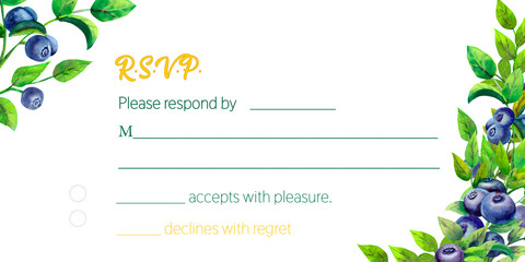 Frame with ripe blueberries on white isolated background. Horizontal orientation. Watercolor illustration.