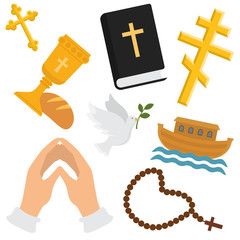 Christian religion vector pattern. Religious symbols of christianity. Illustration backdrop set of christian cross, bible with sign with beads, hands folded in prayer, holy bread with wine and dove