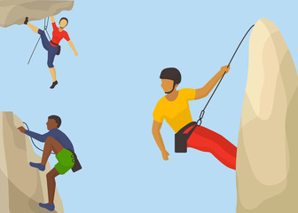 Rock climbers in protective helmet climb a mountain vector illustration. Caucasian and african man climbing a mountain with a rope. Sport and leisure activity concept. Flat design