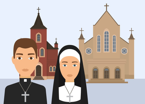 Catholic religion vector illustration. Pastor character and catholic nun with cross and cathedral or church isolated on white background. Christian religion of Catholisism