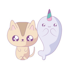 cute narwhal with cat baby animals kawaii style