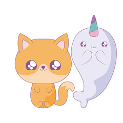 cute narwhal with fox baby animals kawaii style