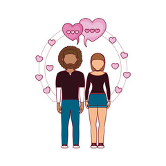 young couple lovers with speech bubbles and hearts