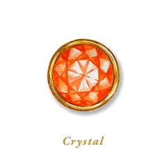 Round crystal in a gold frame. Hand drawn watercolor diamond. Isolated luxury object on white background. Orange colored gemstone.