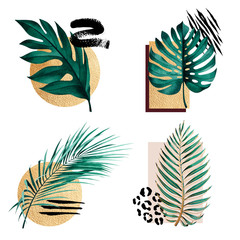 Set of abstract compositions with tropical plants, golden outline, geometric figures and animal pattern.