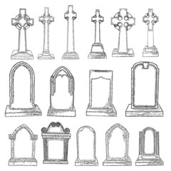 Gravestones set drawing. Old tomb rip grave on white background. Marble cemetery stone. Christian symbol of death. Vector. - obrazy, fototapety, plakaty