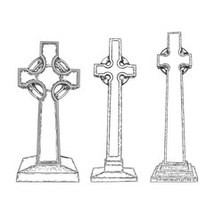 Gravestones set drawing. Old tomb rip grave on white background. Marble cemetery stone. Christian symbol of death. Vector.