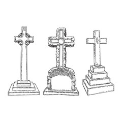 Gravestones set drawing. Old tomb rip grave on white background. Marble cemetery stone. Christian symbol of death. Vector.