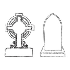 Gravestones set drawing. Old tomb rip grave on white background. Marble cemetery stone. Christian symbol of death. Vector.