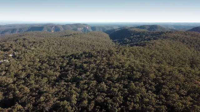 Aerial scene passing Bowen Mountain towards the Grose River Valley on the Blue Mountains foothills.