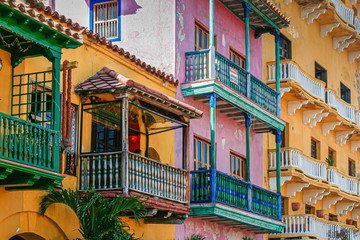 colorful houses of old town in Cartagena Colombia - obrazy, fototapety, plakaty