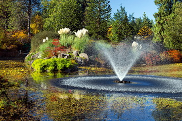 Pond with fountain in Van Dusen Park,  sunny  autumn day Rainbow in Fountain  colorful view, green and yellow trees on the background of blue sky