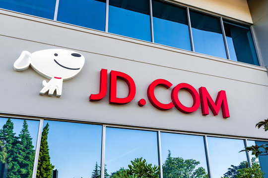 June 22, 2019 Mountain View / CA / USA - JD.com sign displayed at the entrance to the Silicon Valley office; JD.com, also known as Jingdong and formerly called 360buy, is a Chinese e-commerce company