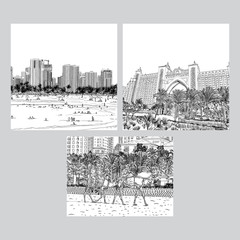 Set of City Dubai skyline and famous tourist destinations. UAE. United Arab Emirates skyscraper buildings, hotels and Mosque. Hand drawn sketch. Vector.