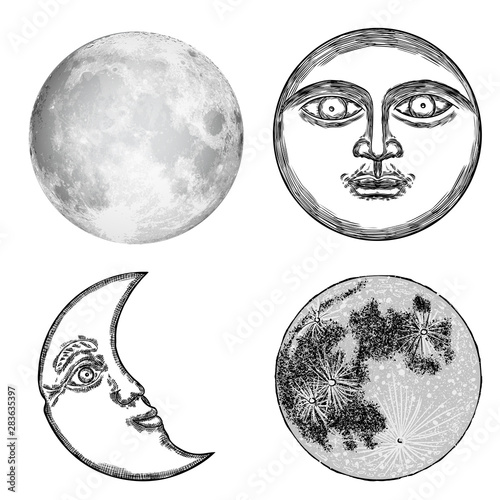 Set of hand drawn sketch of moon human like face or