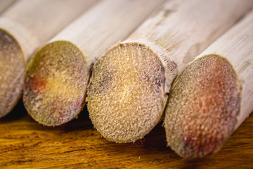 segment Sugar cane isolated on white background. Plant used in the production of alcoholic beverages, such as brandy or Brazilian cachaça.