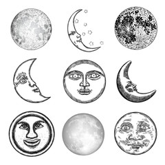 Large set of different moon styles. Hand drawn sketch of crescent and fool moon with human like face or planet in black and white, isolated. Detailed antique vintage style