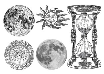 Set of sundial, sun clock, hourglass or sand clock and realistic moon with sun engraving. Hand drawn and isolated. Vector