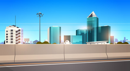 Naklejka premium highway asphalt road with chipper city skyline modern skyscrapers cityscape background flat horizontal banner