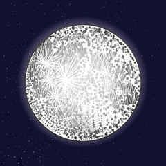 Hand drawn moon shiny on dark blue space background in cosmos or stars. Retro style. Astrology or astronomy element. Vector