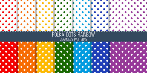 rainbow colored polka dots vector seamless pattern set - obrazy, fototapety, plakaty