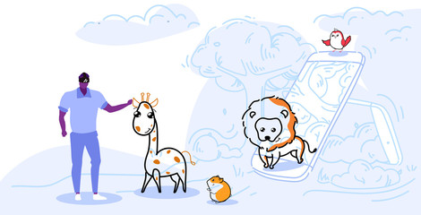 man wearing digital glasses african american guy touching vr giraffe animals from smartphone screen headset vision virtual reality technology concept sketch full length horizontal