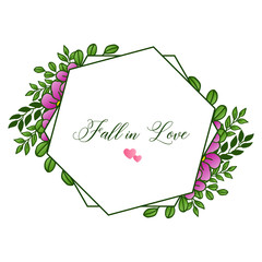 Lettering text fall in love, with purple flower frame. Vector