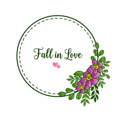 Lettering text fall in love, with purple flower frame. Vector