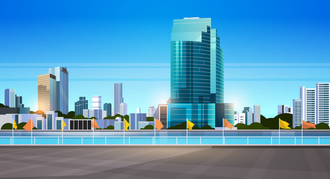 city skyline modern skyscrapers fence and river against cityscape background flat horizontal banner