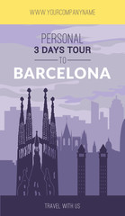 Naklejka premium Placard with famous Barcelona city scape.