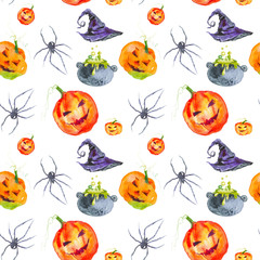 Holiday kit for Halloween, pumpkin,wizard's hat,a spider and bottles of potion. Watercolor illustration isolated on white background.Seamless pattern