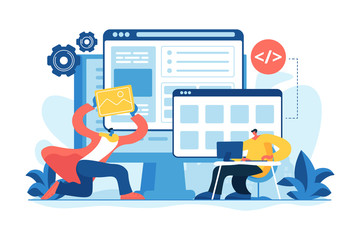 IT specialists team working on project. Programming and optimization. Website development, web application coding, design for web browsers concept. Vector isolated concept creative illustration