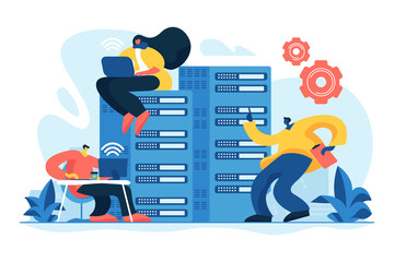 Data storage. Programmers working in server room. Technical support. System administration, network upkeeping, computer systems configuration concept. Vector isolated concept creative illustration