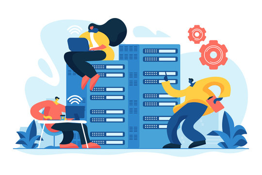 Data storage. Programmers working in server room. Technical support. System administration, network upkeeping, computer systems configuration concept. Vector isolated concept creative illustration
