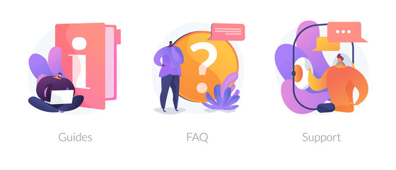 Info center, customer online communication web icons set. Helpdesk, clients assistance, helpful information. Guides, FAQ, support metaphors. Vector isolated concept metaphor illustrations