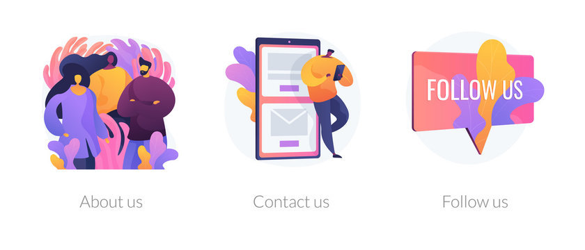 Customer loyalty and technical support web icons set. Clients hotline. Website information. About us, contact us, follow us metaphors. Vector isolated concept metaphor illustrations