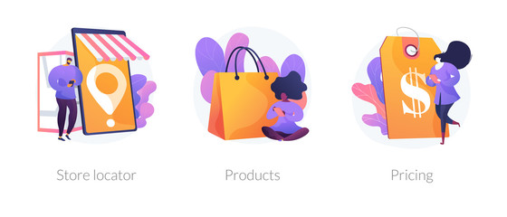 Internet shop web icons set. Goods ordering, price tag cliparts pack. Consumerism and marketing. Store locator, product, pricing metaphors. Vector isolated concept metaphor illustrations