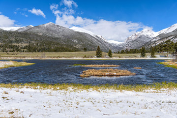 Sheep Lakes - A Spring morning view of Sheep Lakes after an overnight snow storm. Rocky Mountain National Park, Colorado, USA.